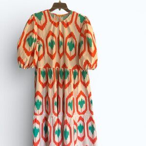 Oliphant Coral Odisha Bold Ikat Pattern Coral Turquoise White Cotton Dress Sz XL